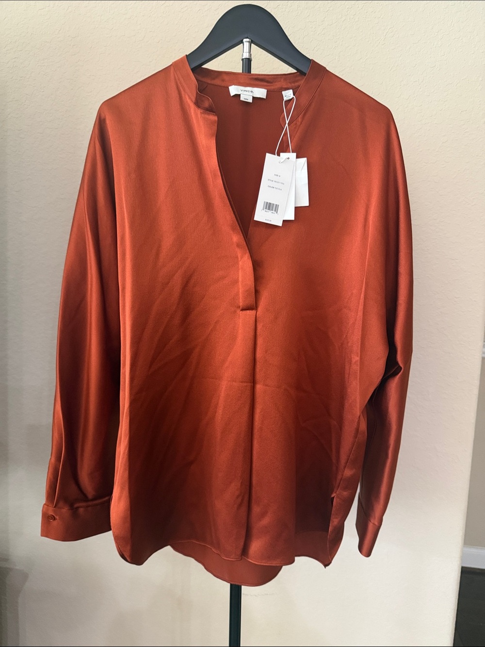 Vince Rust Split V-Neck Satin Blouse